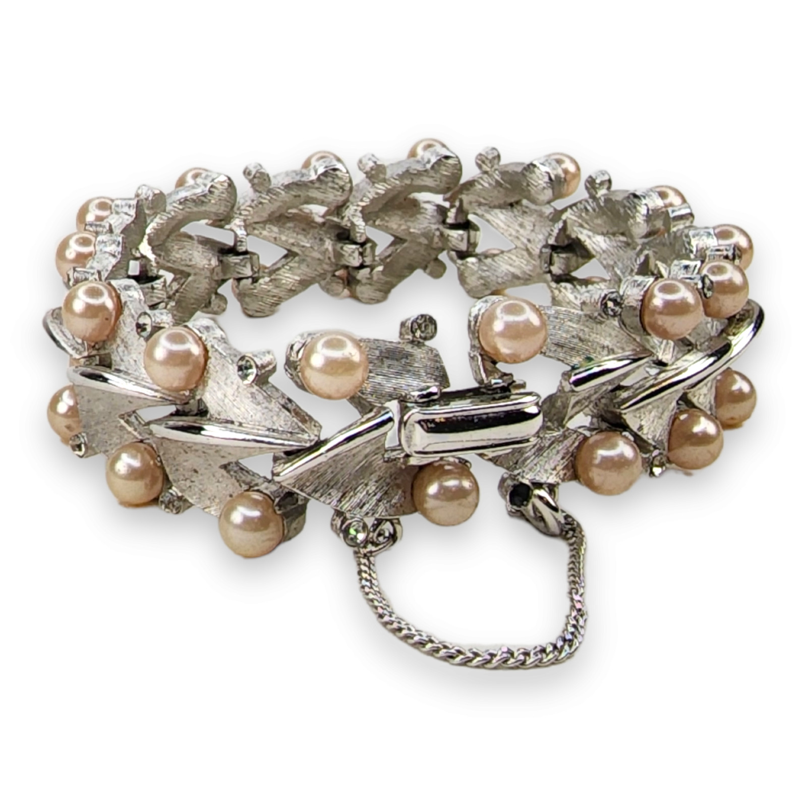 Vintage Trifari Silver Tone Clear Rhinestone Faux Pearl Links Bracelet 7.25 In