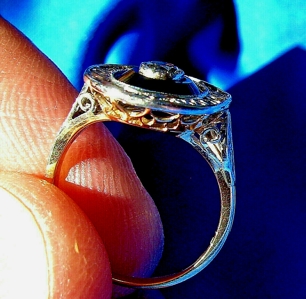 Original EARTH MINED DIAMOND Onyx Deco Engagement Ring Antique PLATINUM Filigree
