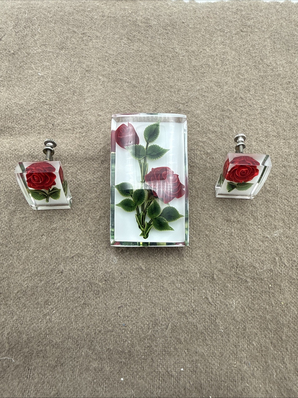 Vintage Lucite Encased Red Rose Green Leaves Screw Back Earrings & Brooch Set