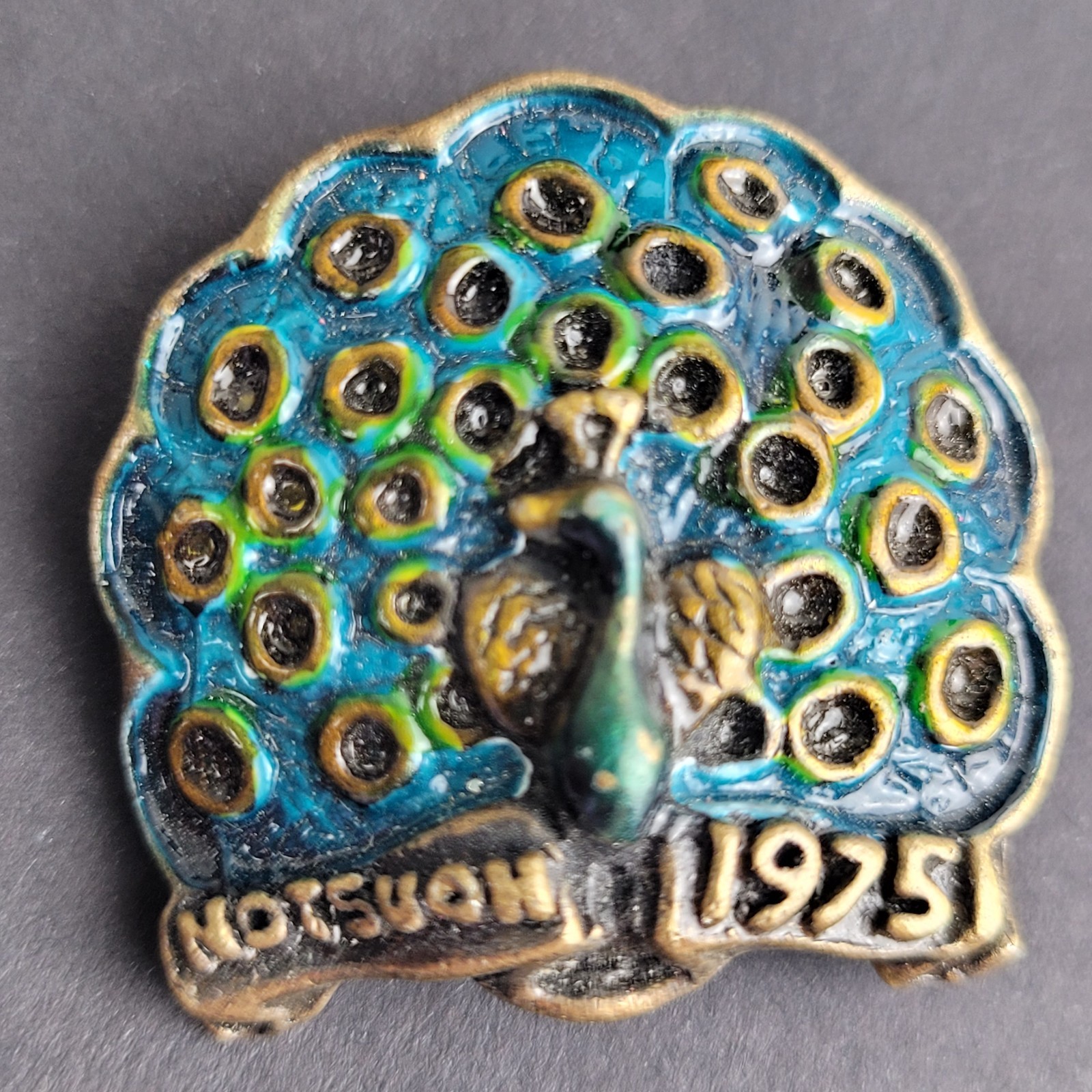 Vintage Peacock Brooch Metal Multicolor Enamel Notsuoh 1975 Houston Signed KIM