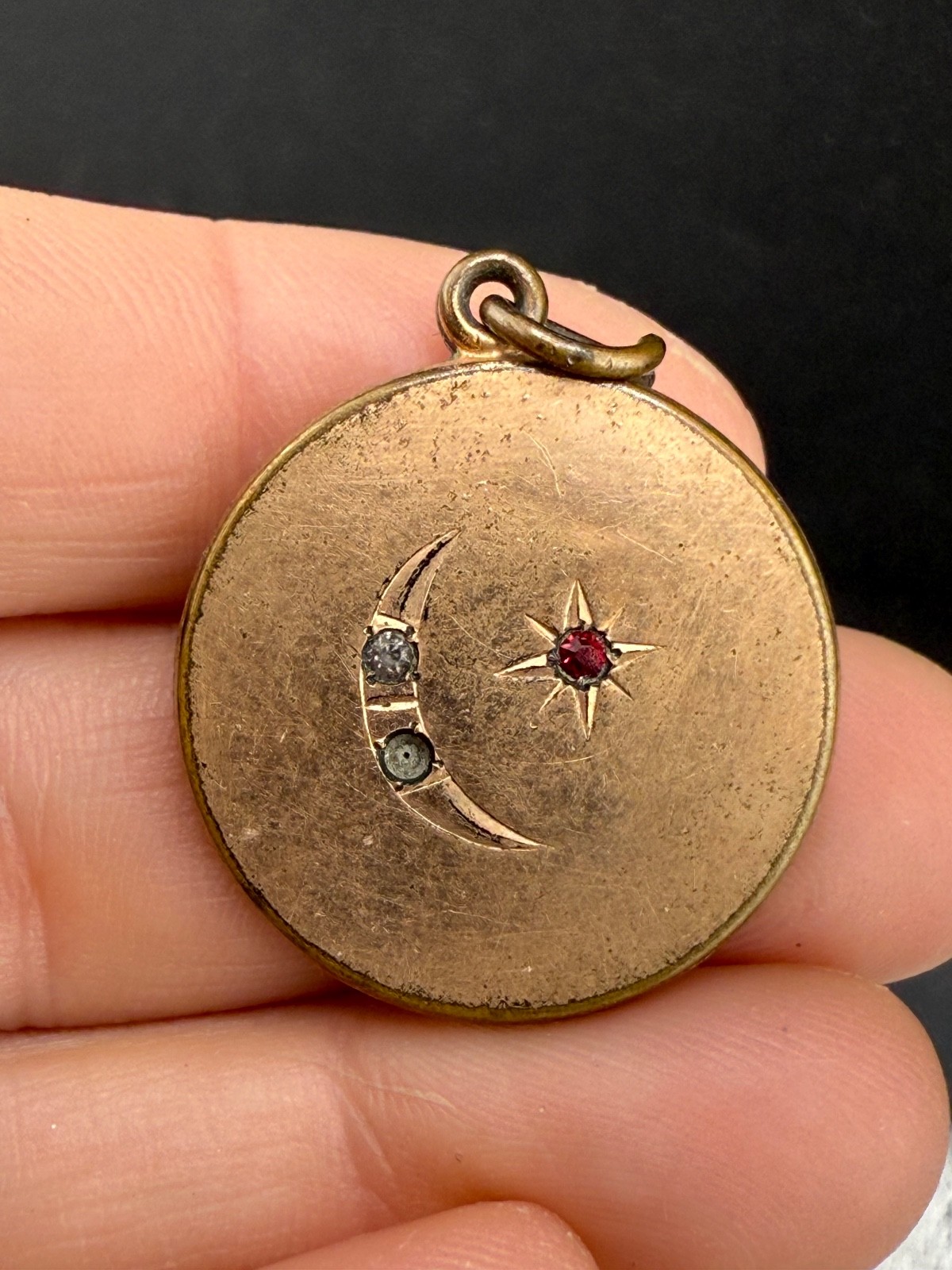 Vintage Gold Filled Pendant Charm Paste Stones Half Moon Celestial