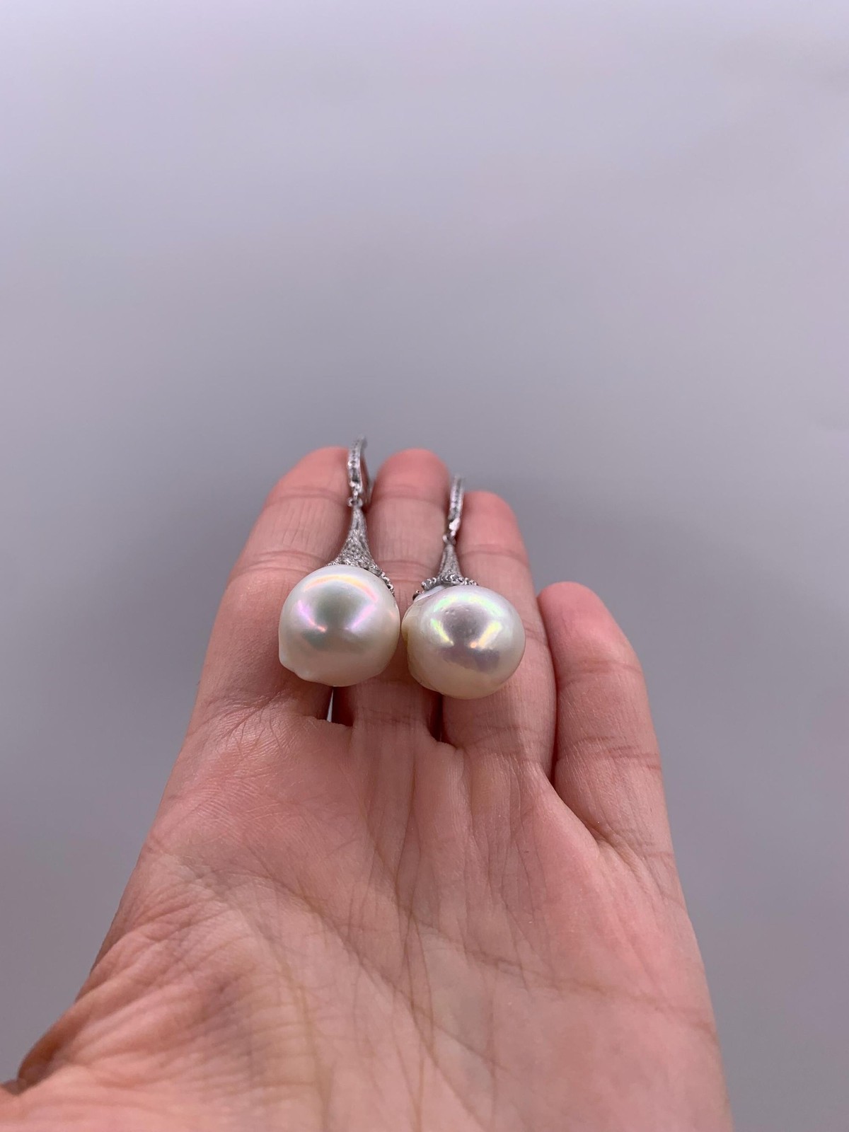 2.6” White Baroque Flameball Pearl Drop Earrings CZ Leverback Bridal Gift