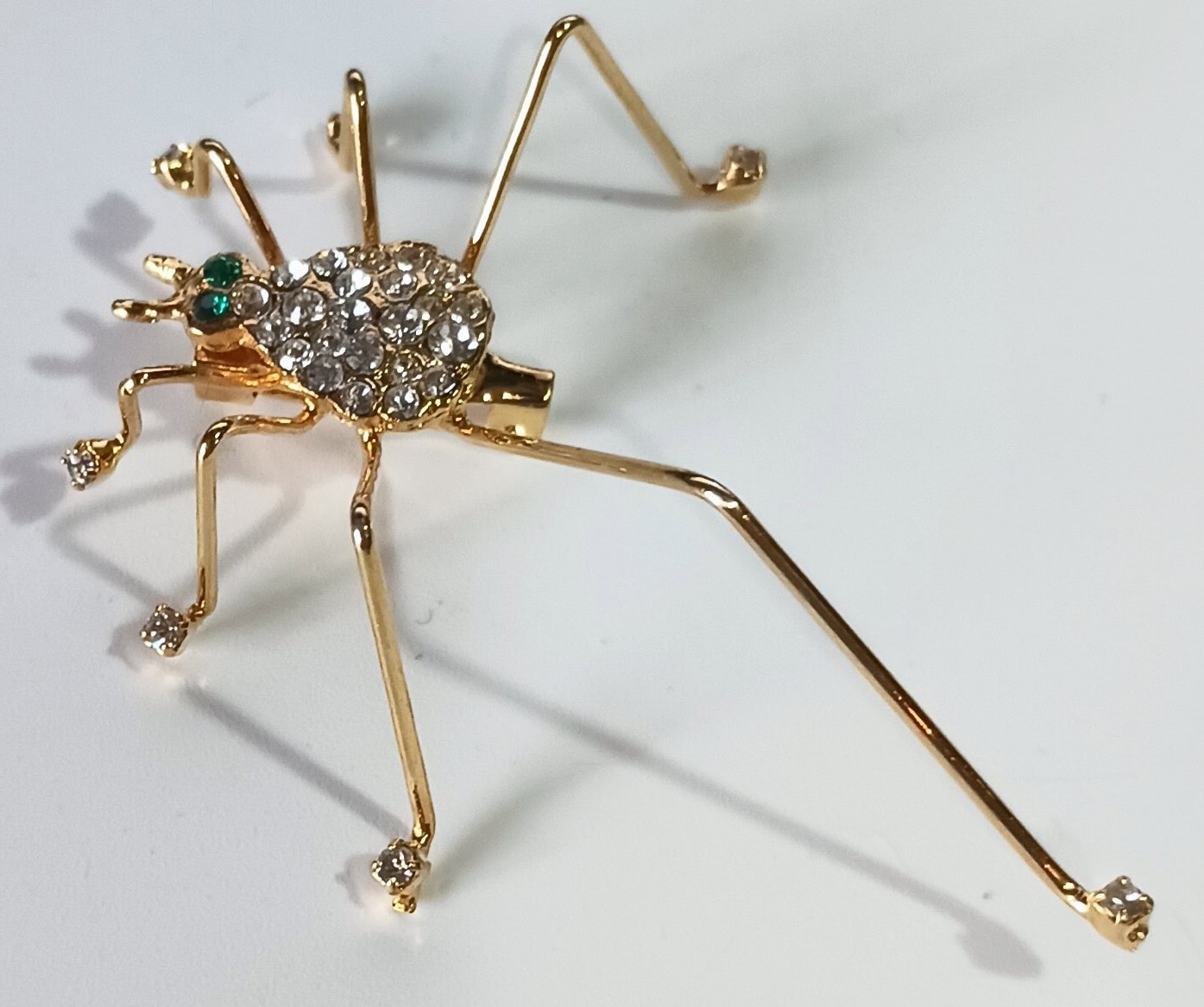 Vintage Bright Gold-tone Green & Pave White Rhinestone 3D Spider Brooch 2.25″