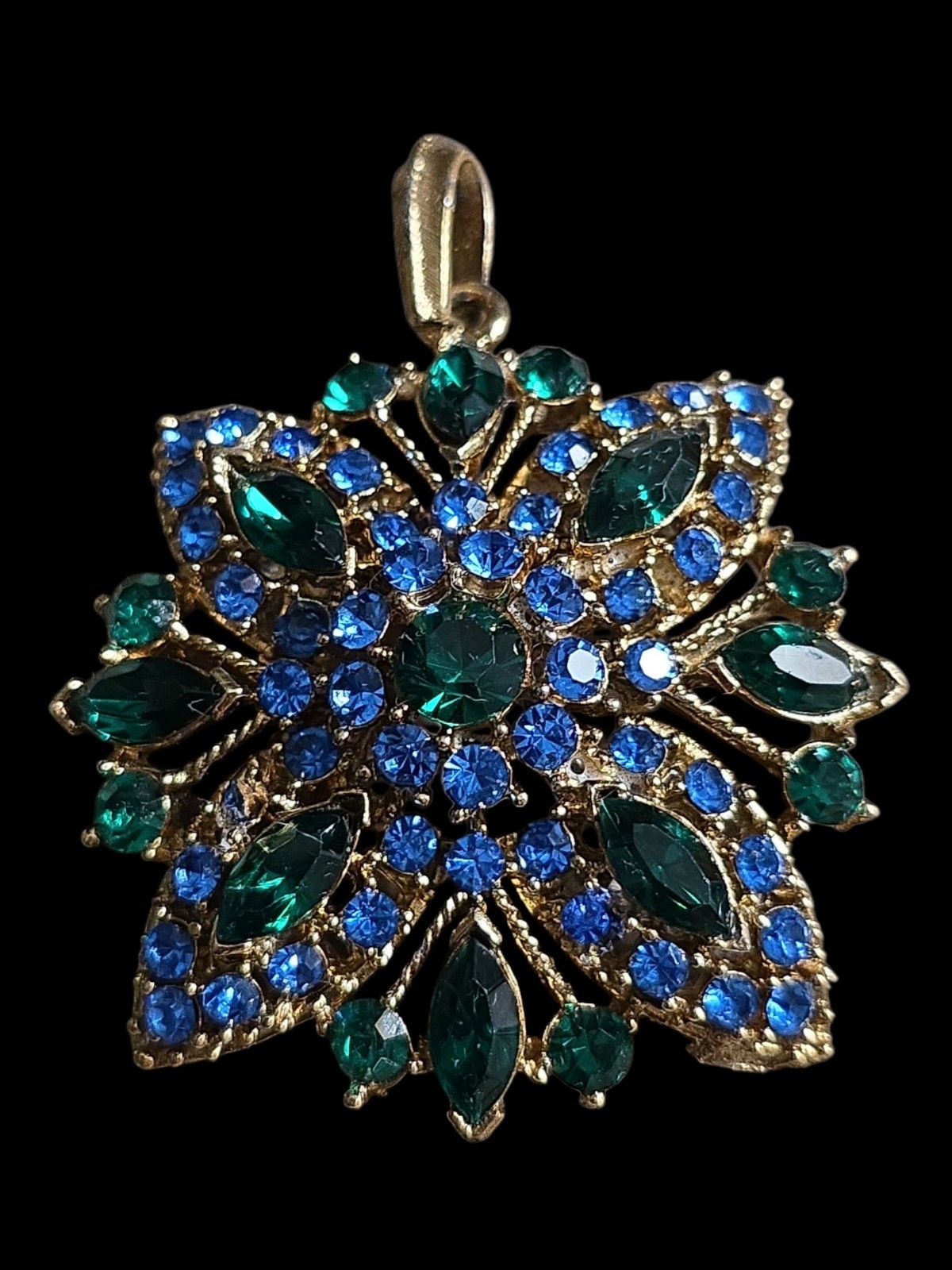 Vtg Large Blue Rhinstone Goldtone Pendant *Sparkle*!!