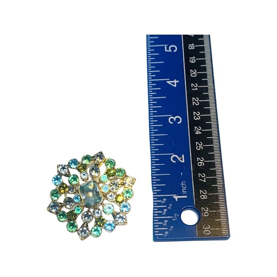 Liz Claiborne Green Rhinestone Brooch Pin 2” Gold Tone Flower