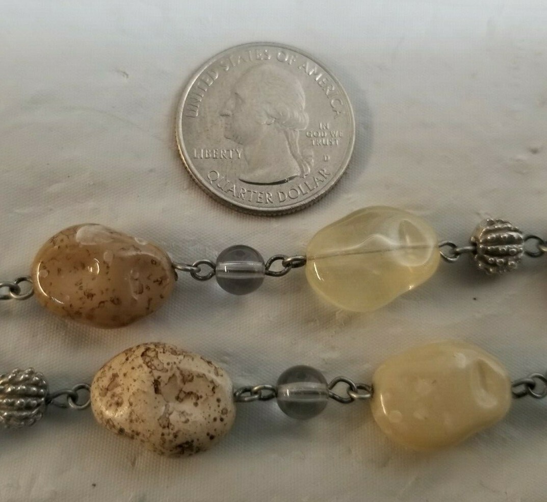Vintage CH Silvertone & Polished Rock Necklace, Bracelet, & Earring Set NICE