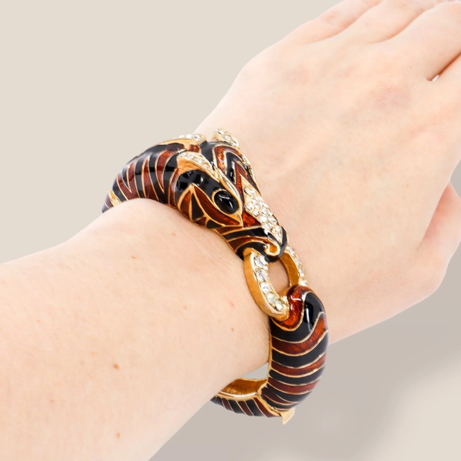 CINER, Signed Vintage, 18k Gold Plated, Enamel & Crystal Zebra Bracelet
