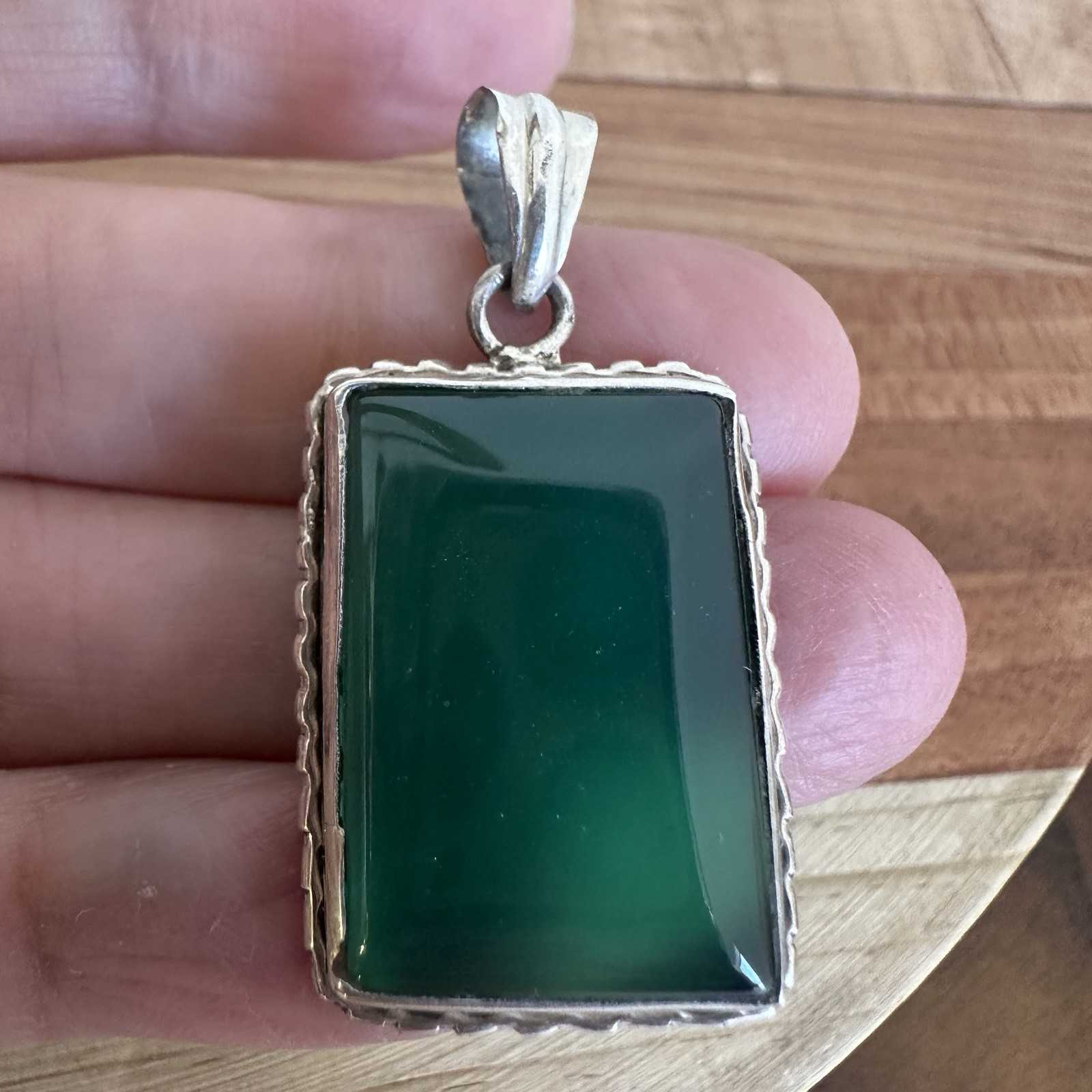 Vintage Artisan Pendant 1.5 Inch Green Transparent Gem Onyx 925 Sterling 6.7g