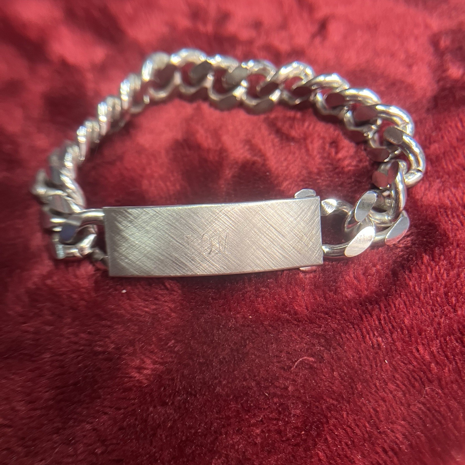 Vintage Speidel Link ID Bracelet Rhodium Electroplated USA Engraved Tom 8-27-68
