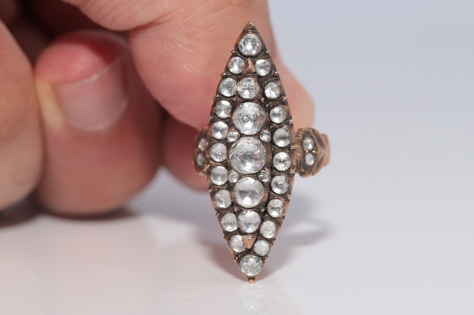 Vintage Circa 1950s 9k Gold Estate Natural Rose Cut Diamond Navette Ring