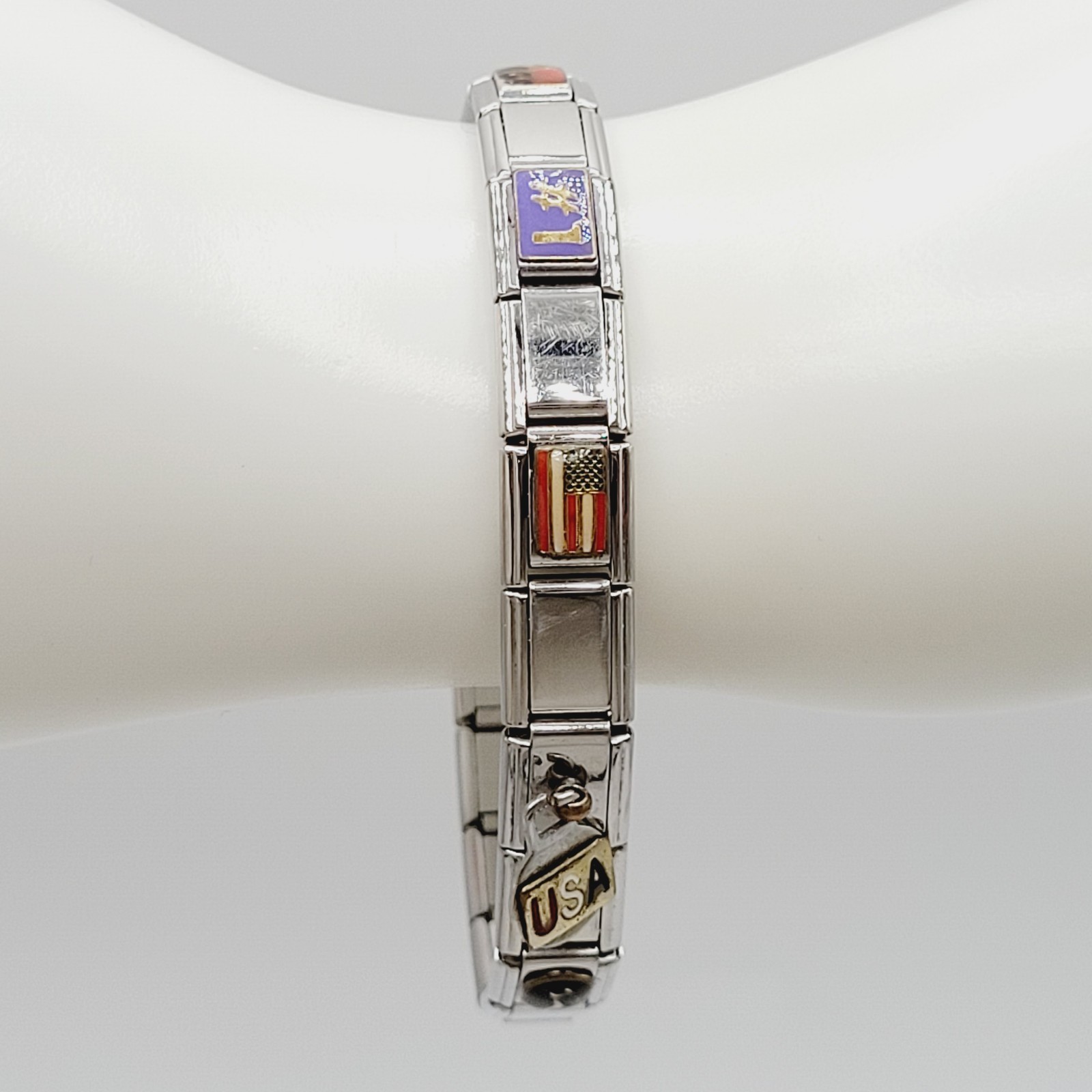 Vintage Italian Style Modular Stainless Steel Charm Bracelet w Mom USA Flag Dog