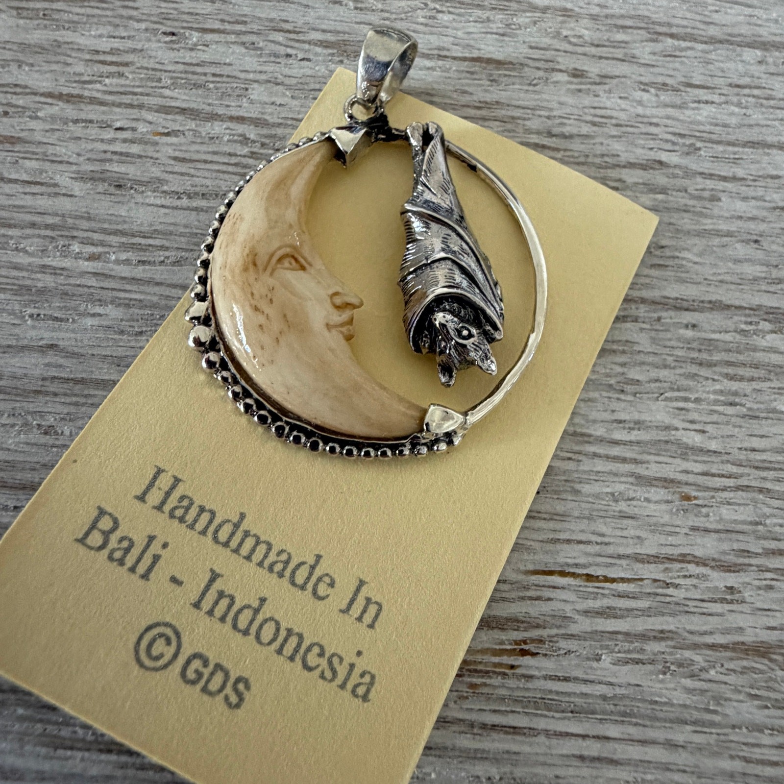 Sterling Silver Bat Moon Pendant Carved Tea Bone Gothic