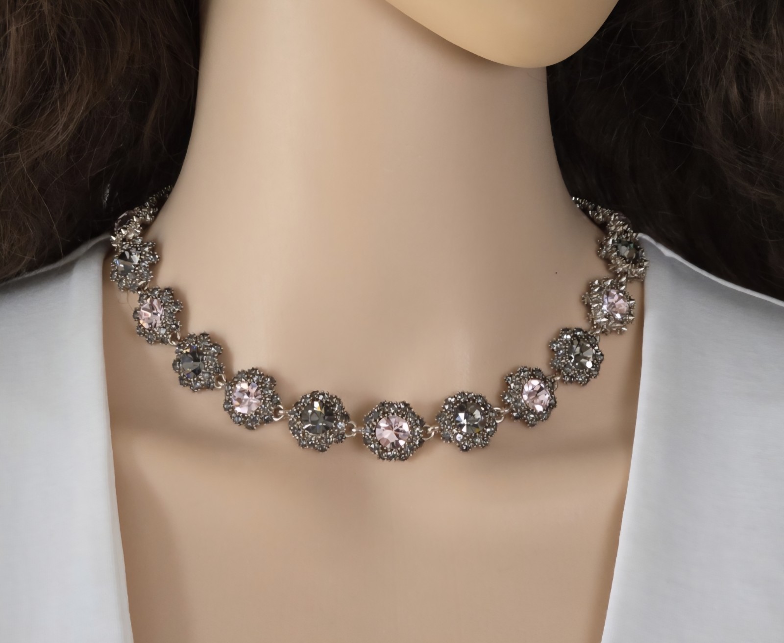 Pink & Gray Rhinestone Choker Necklace Silver Tone Dark Romance Jewelry
