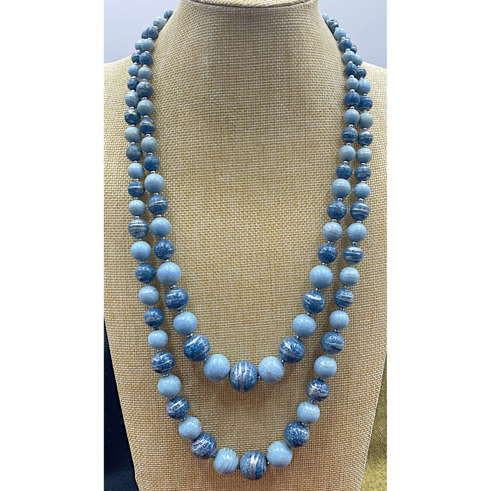 Vintage Gradient Blue Beaded Necklace Layered 2 Necklaces Set 24″ & 28″