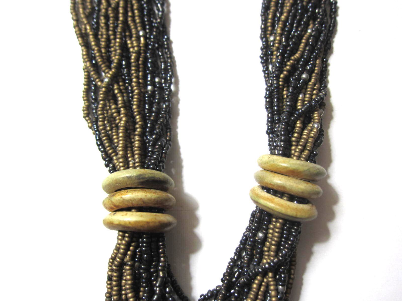Vintage 80’s Multi Strand Matte and Brown Gold Tone Wood Horn Necklace 12 in