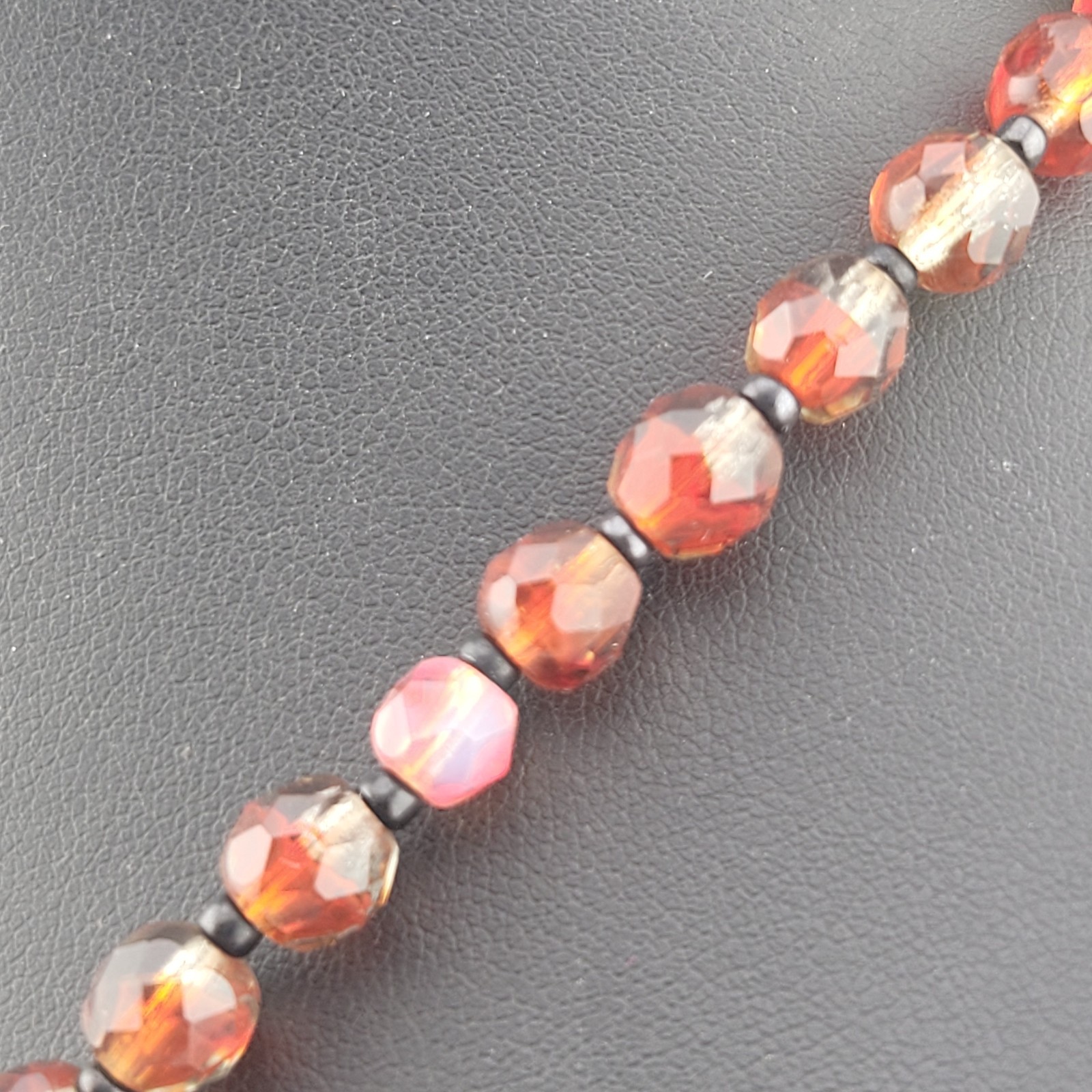Antique Czech Red Clear Orange Givre Glass Crystal Bead Graduated 20″ Necklace