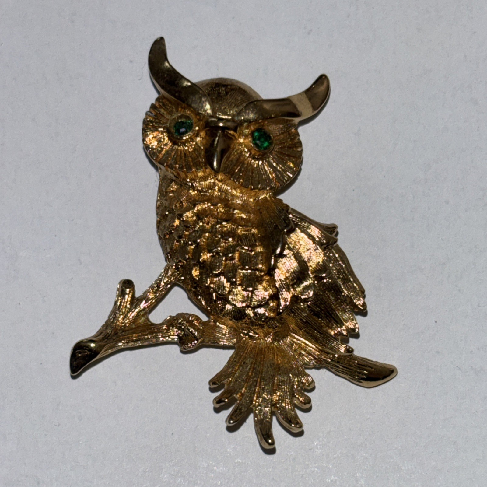 Vintage MONET Owl Brooch Pin with Green Rhinestone Eyes Gold Tone Setting