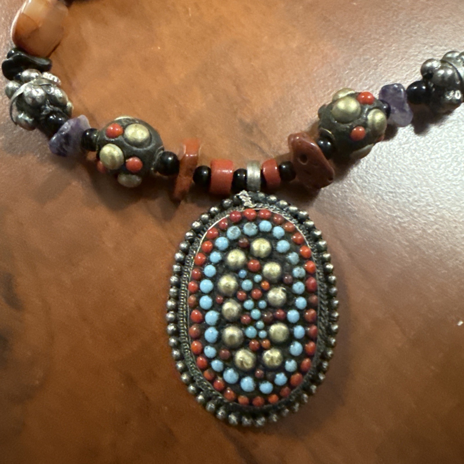 VTG Artisan Silver Tribal Gemstone Estate Necklace Coral Turquoise 80s Statement