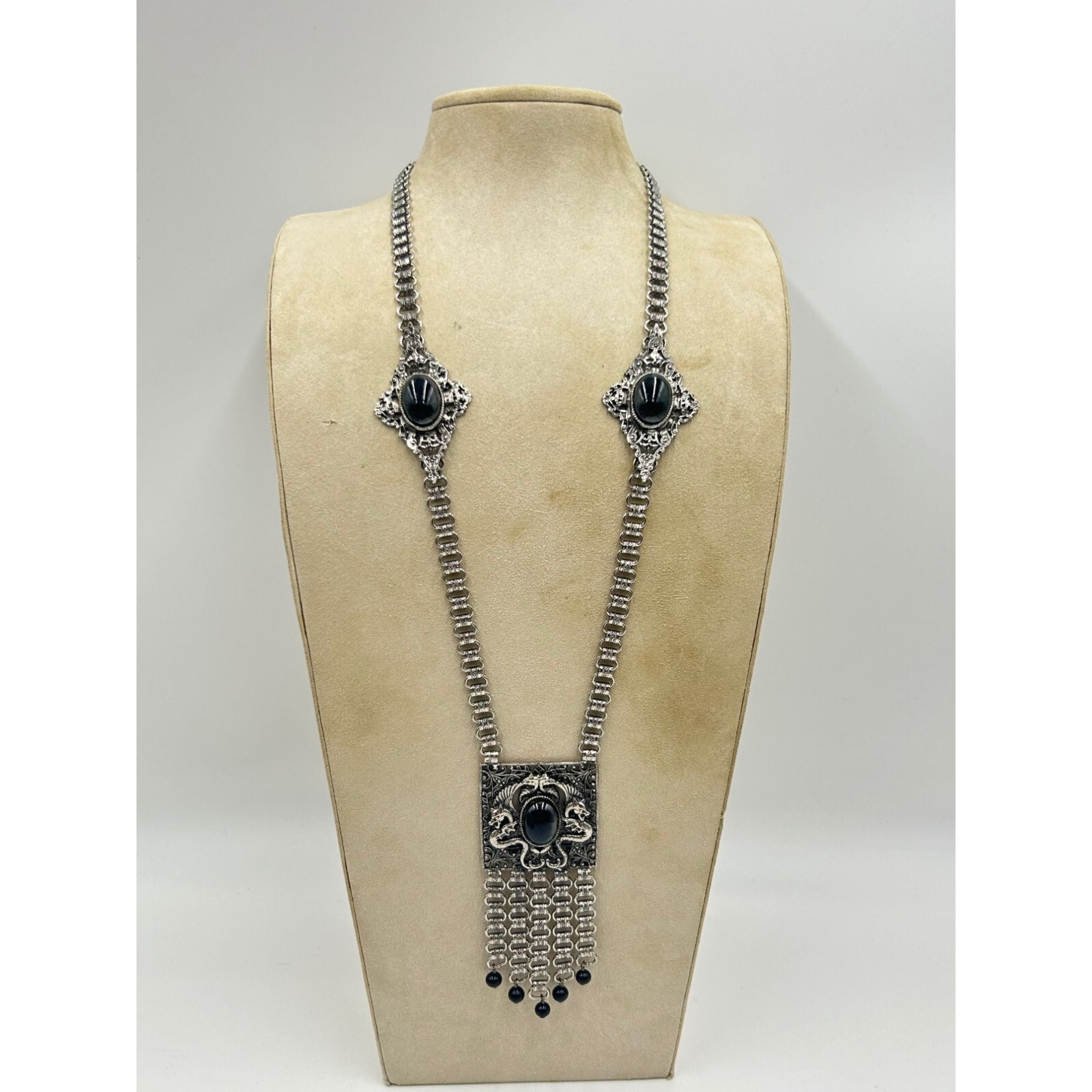 Signed EDLEE Vintage Necklace Silver Tone Dragons Ornate Bookchain Beads Dangles