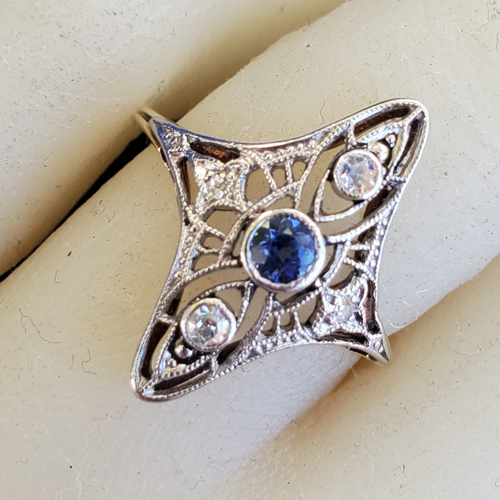 Original EARTH MINED SAPPHIRE DIAMOND Engagement Ring Antique Deco 14K GOLD S 5