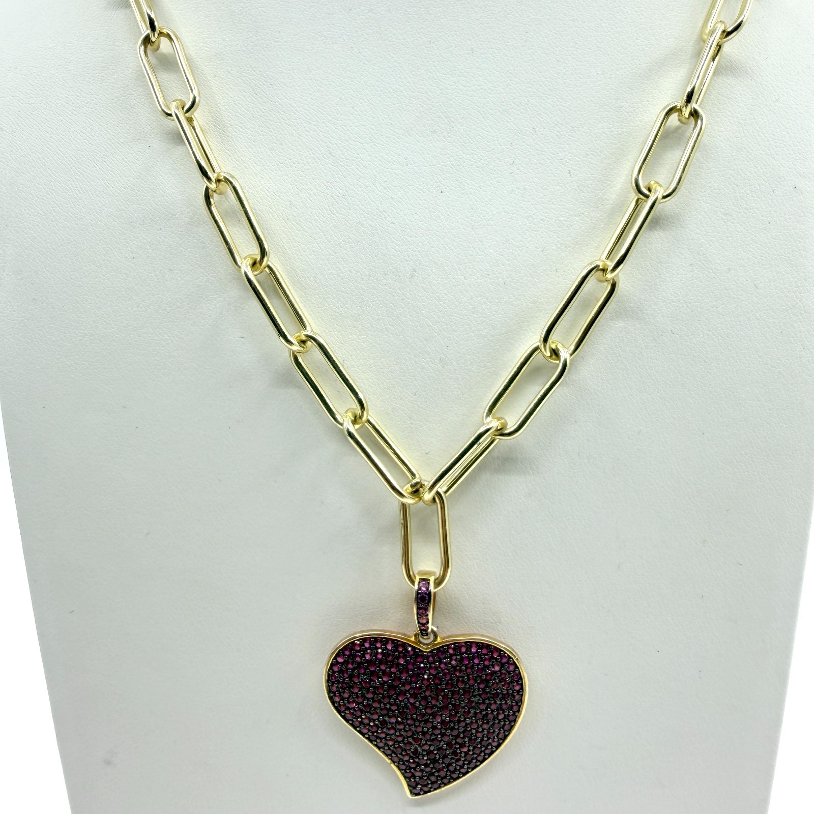 Gold Tone Red Pave Rhinestone Heart Pendant Paperclip Chain Necklace Statement