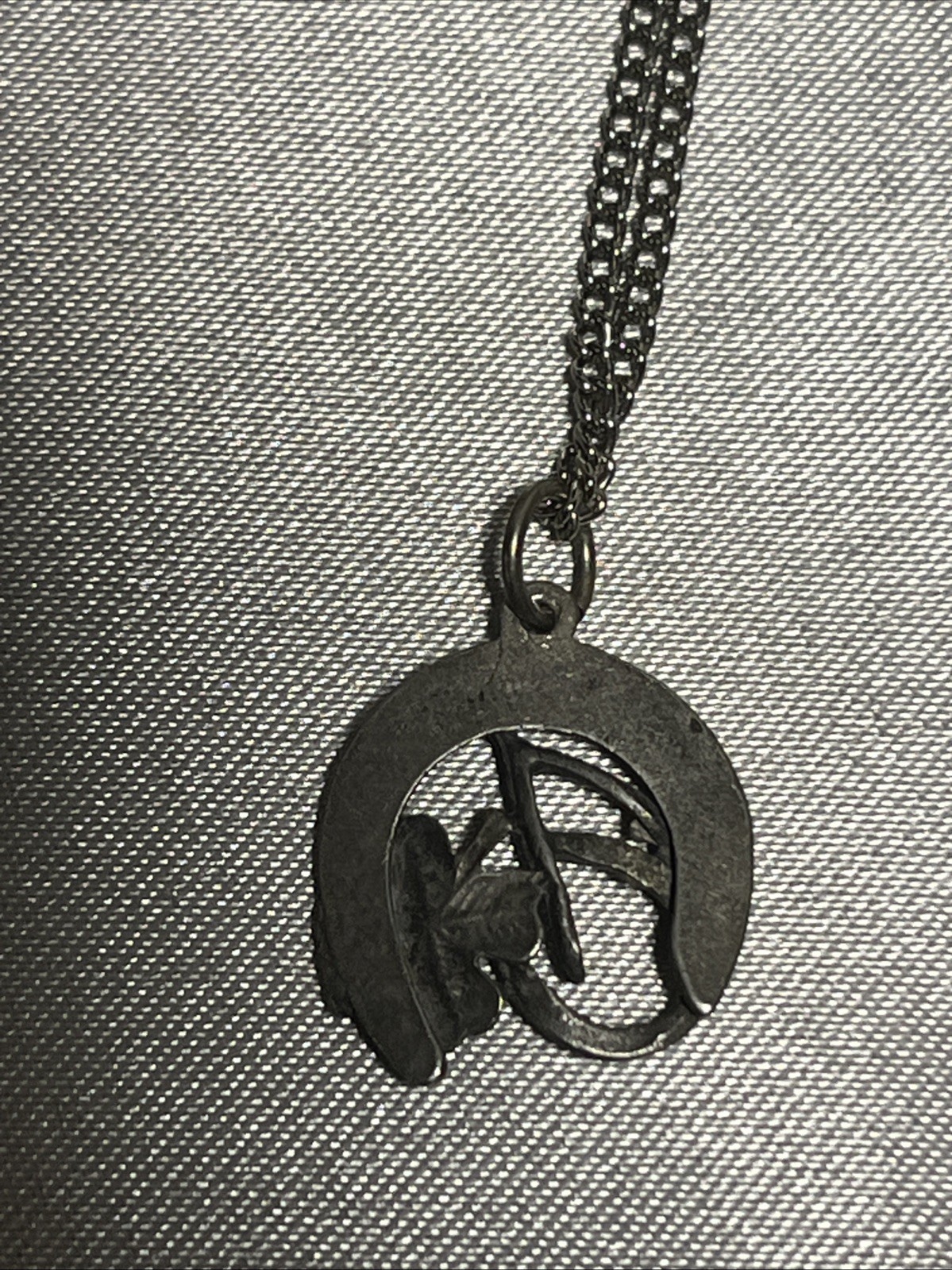 Vintage Pewter Good Luck Charm On Silver Tone Chain 18”