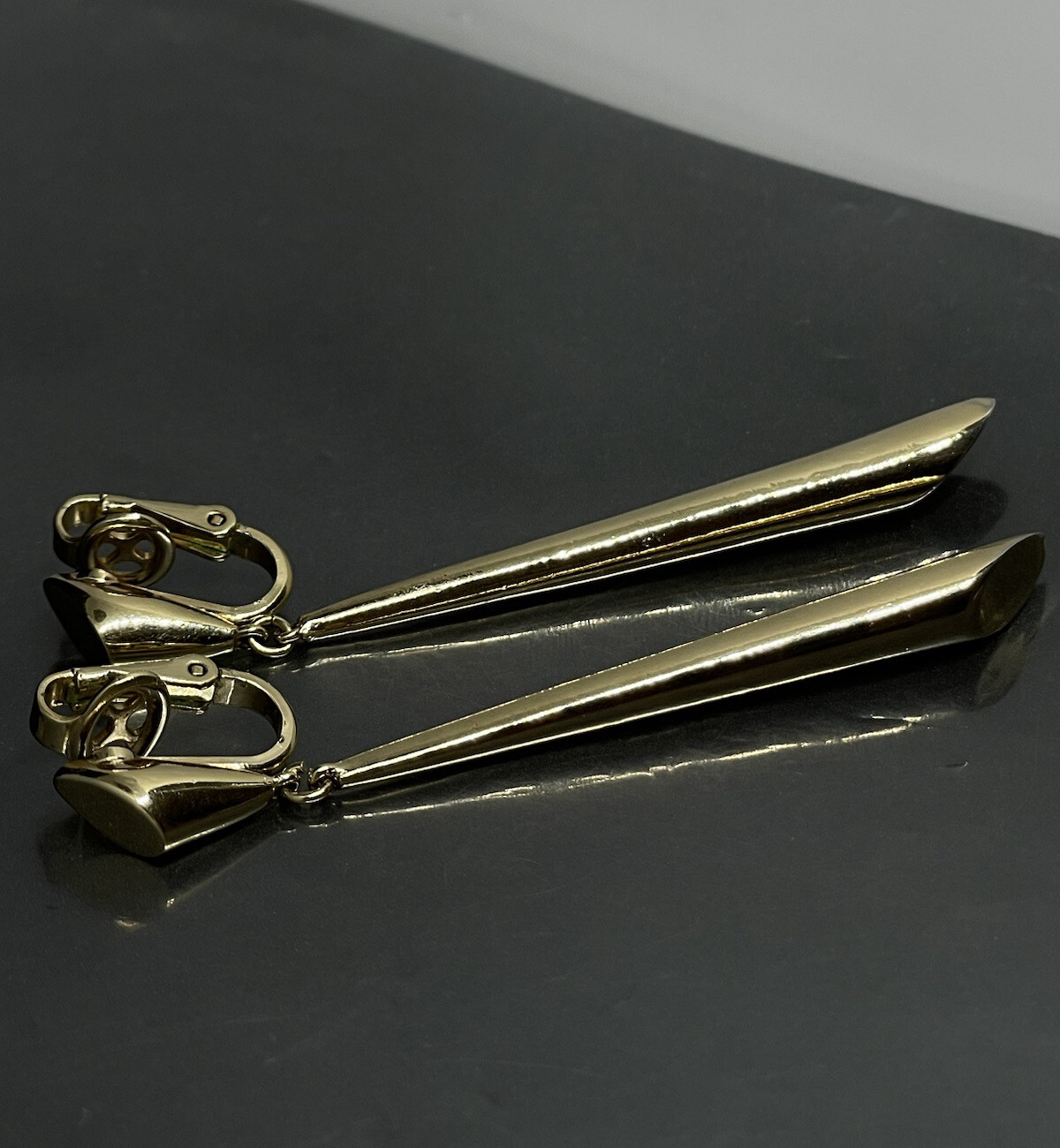 Vintage Crown Trifari Dangle Clip Earrings Gold Tone 2.8 in Signed✨