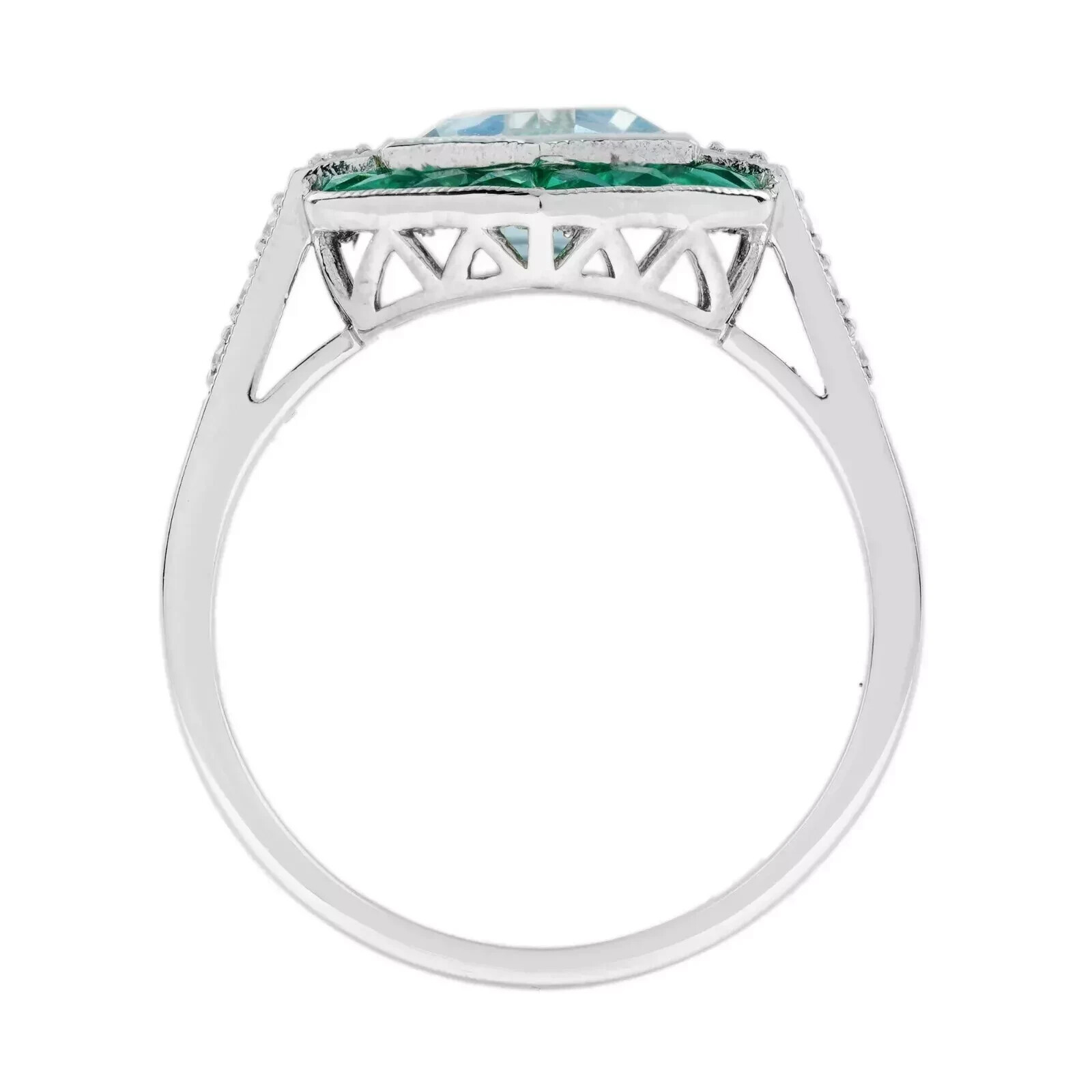 4Ct Art Deco Vintage Aquamarine & Emerald Hexagon 14K White Gold FN Wedding Ring