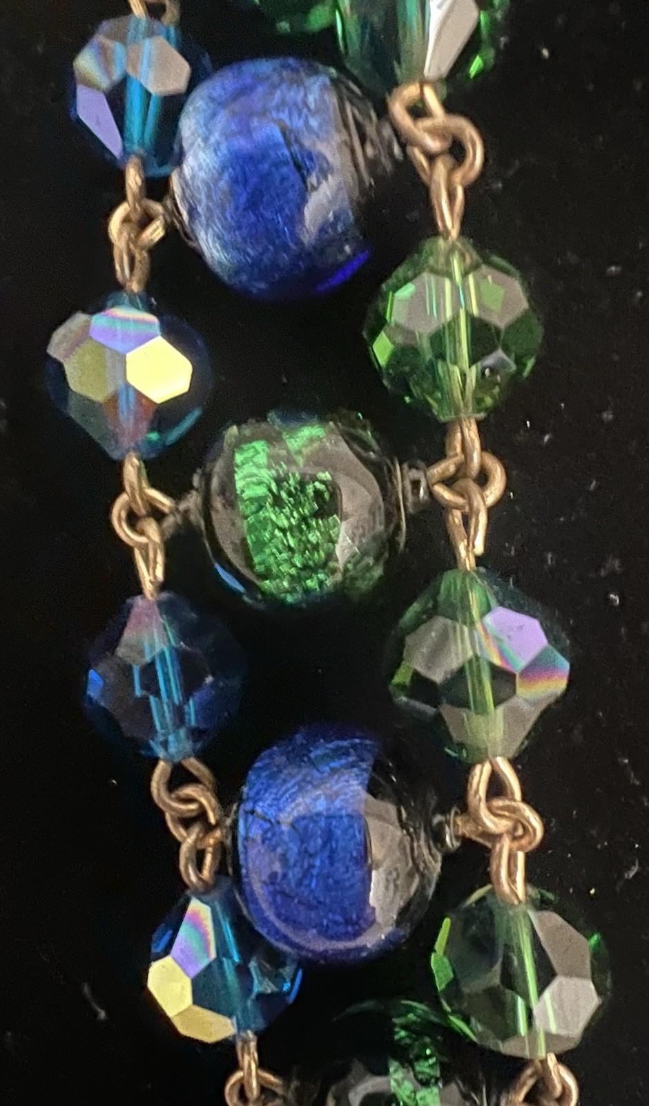 GORGEOUS VTG STATEMENT DESIGNER NECKLACE VENETIAN FOILED BLUE/GREEN GLASS BEADS