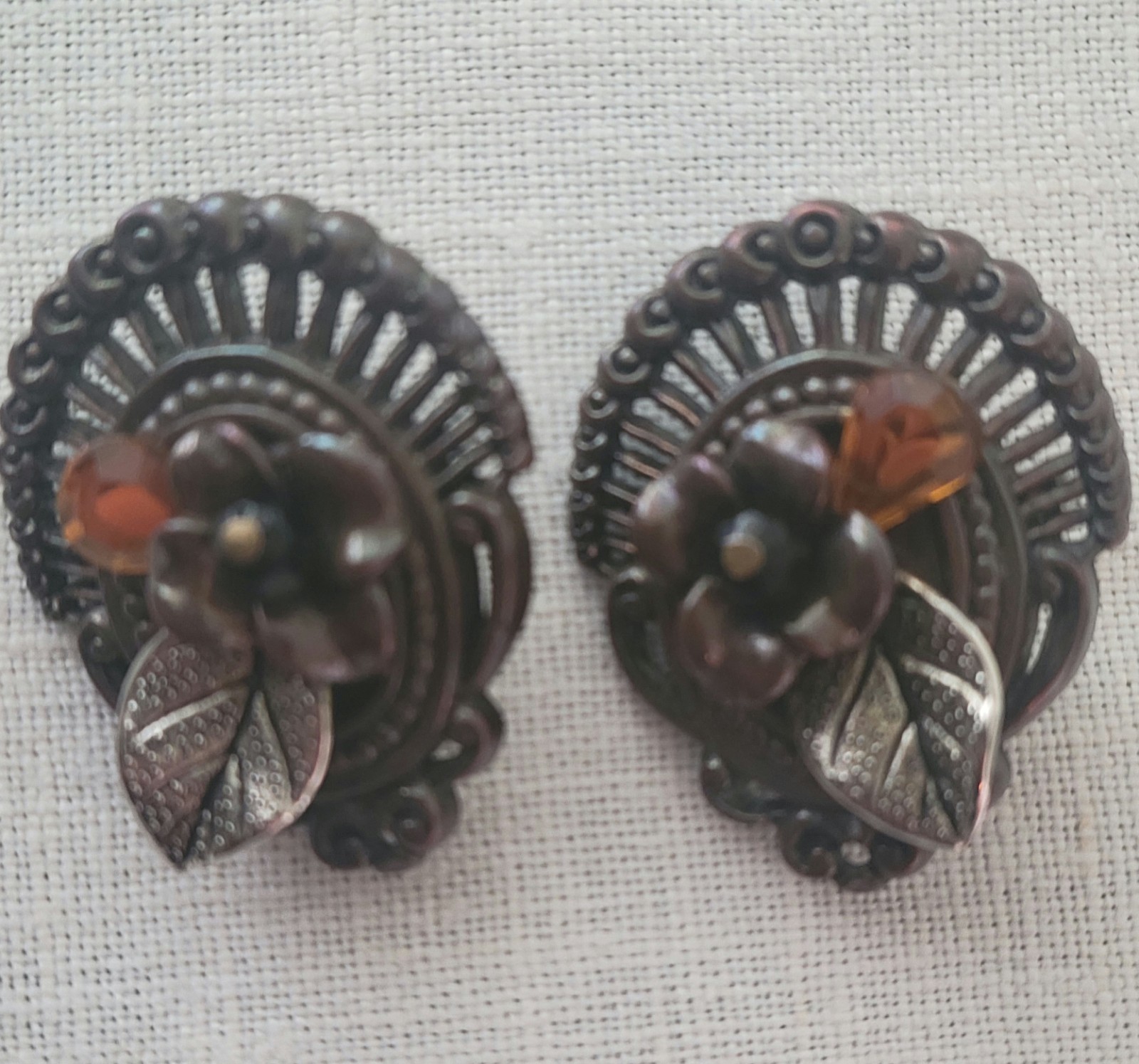 Vintage Flower Clip-On Earrings Brown Metal Amber Stone Accent