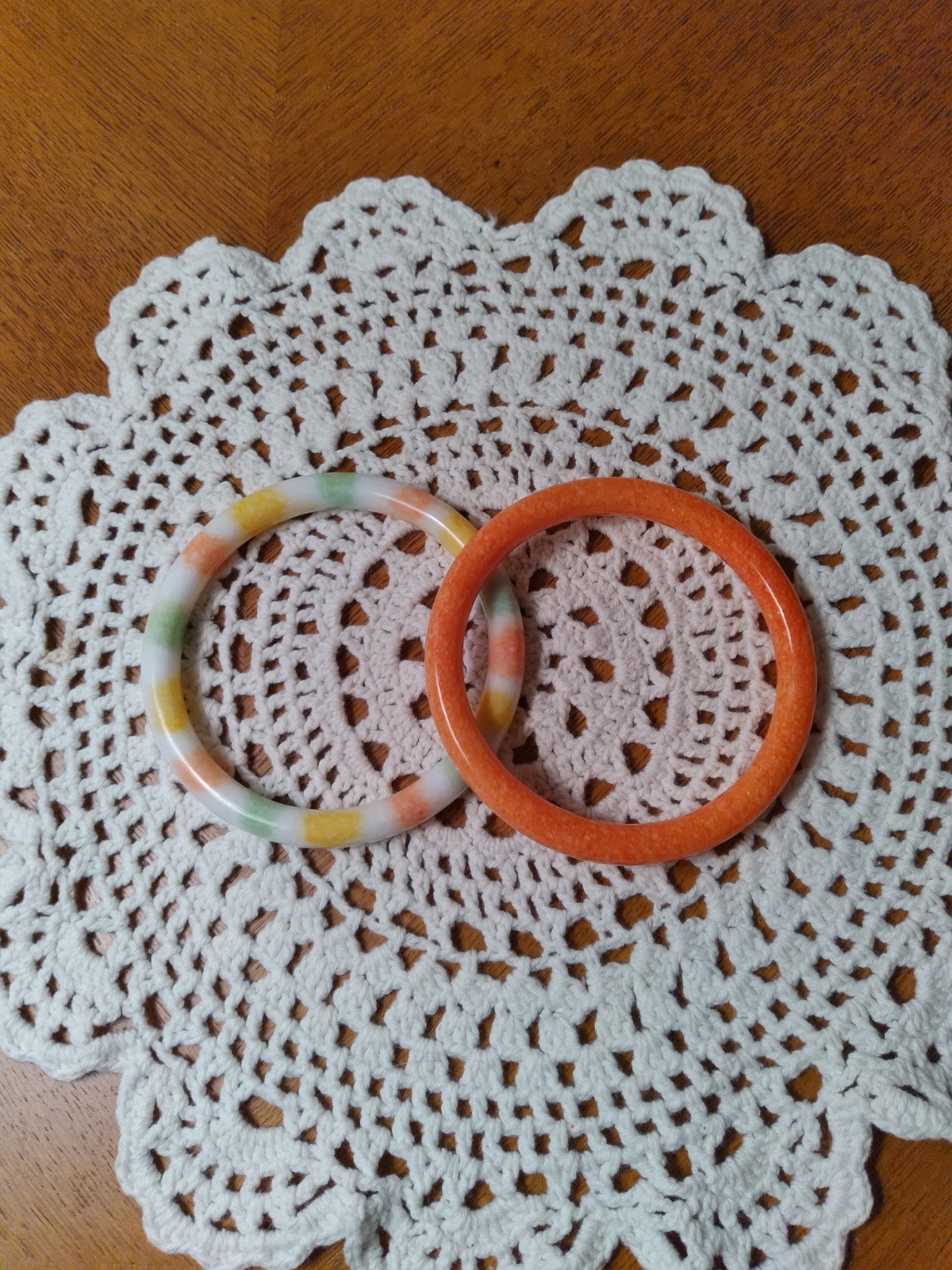 Vintage Glass Bangle Bracelets Set of Two Faux Jade Orange Green yellow