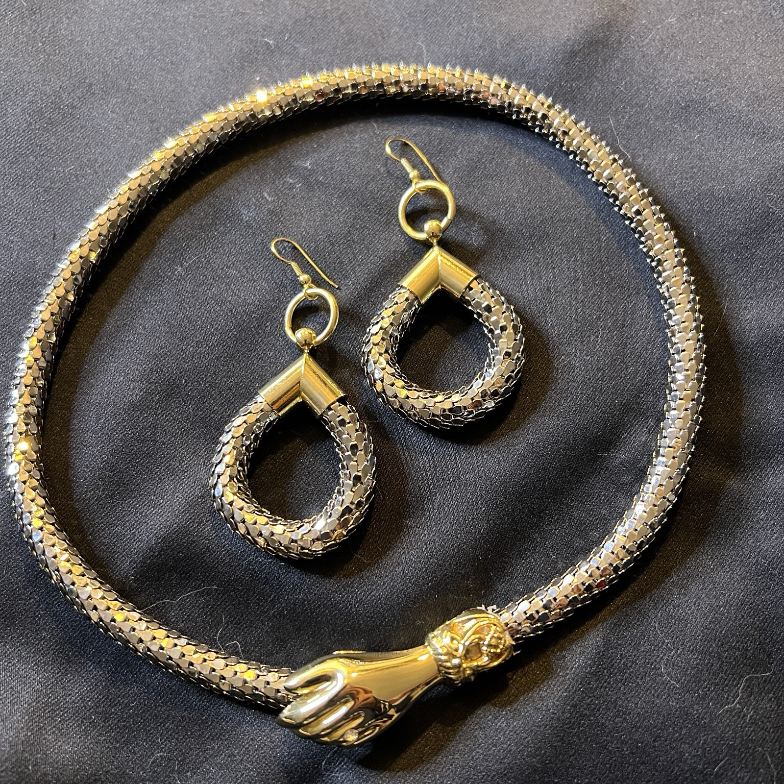 True Vintage DL Auld Silver Mesh Snake Choker Collar Necklace Earrings Set NOS