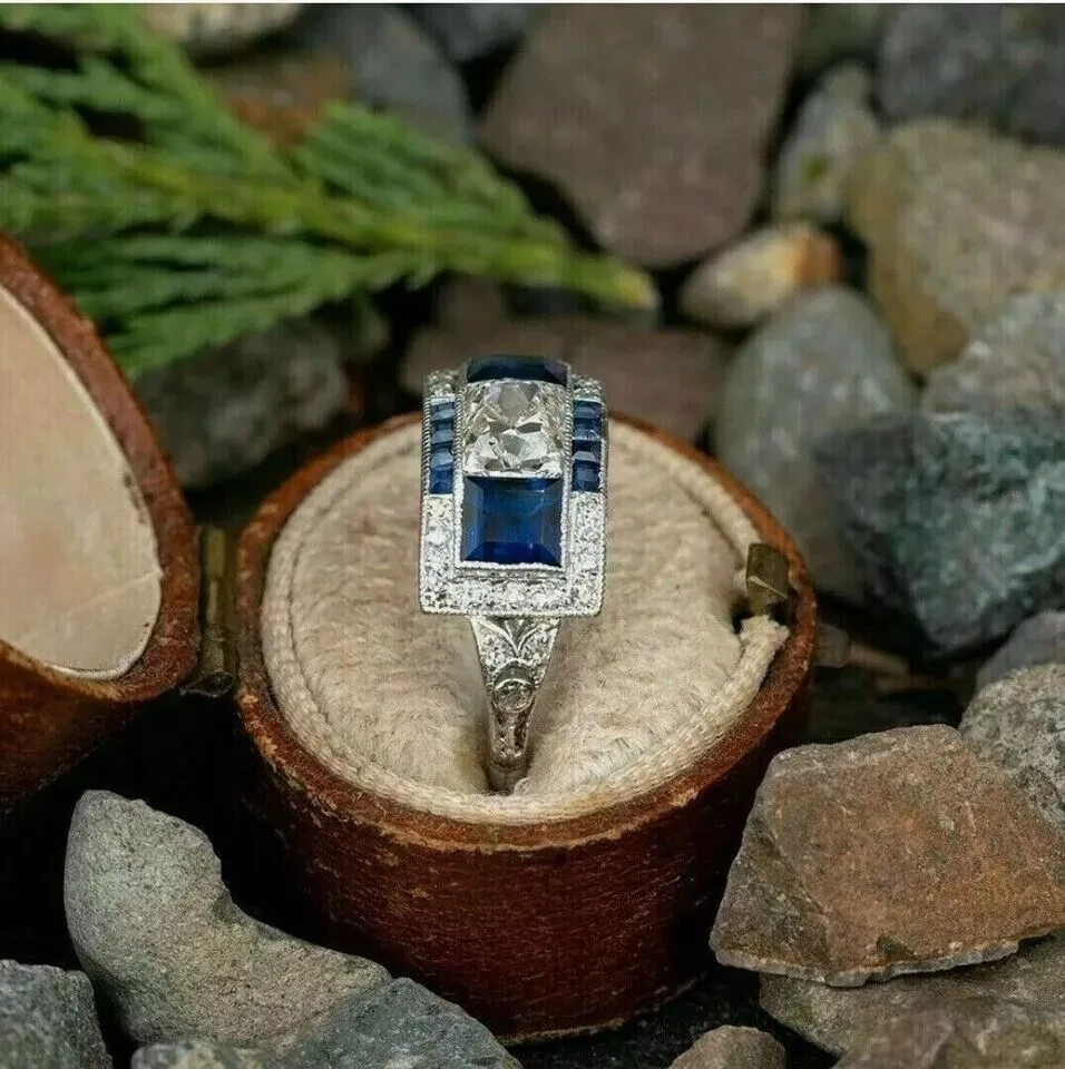 Art Deco Style Lab Created Diamond & Sapphire Engagement Ring 14K White Gold FN