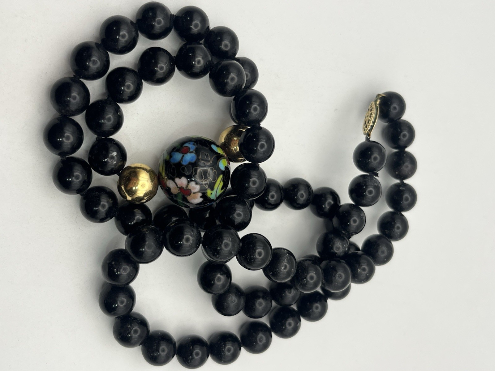 Gold filled Chinese cloisonné flower beaded black vintage necklace