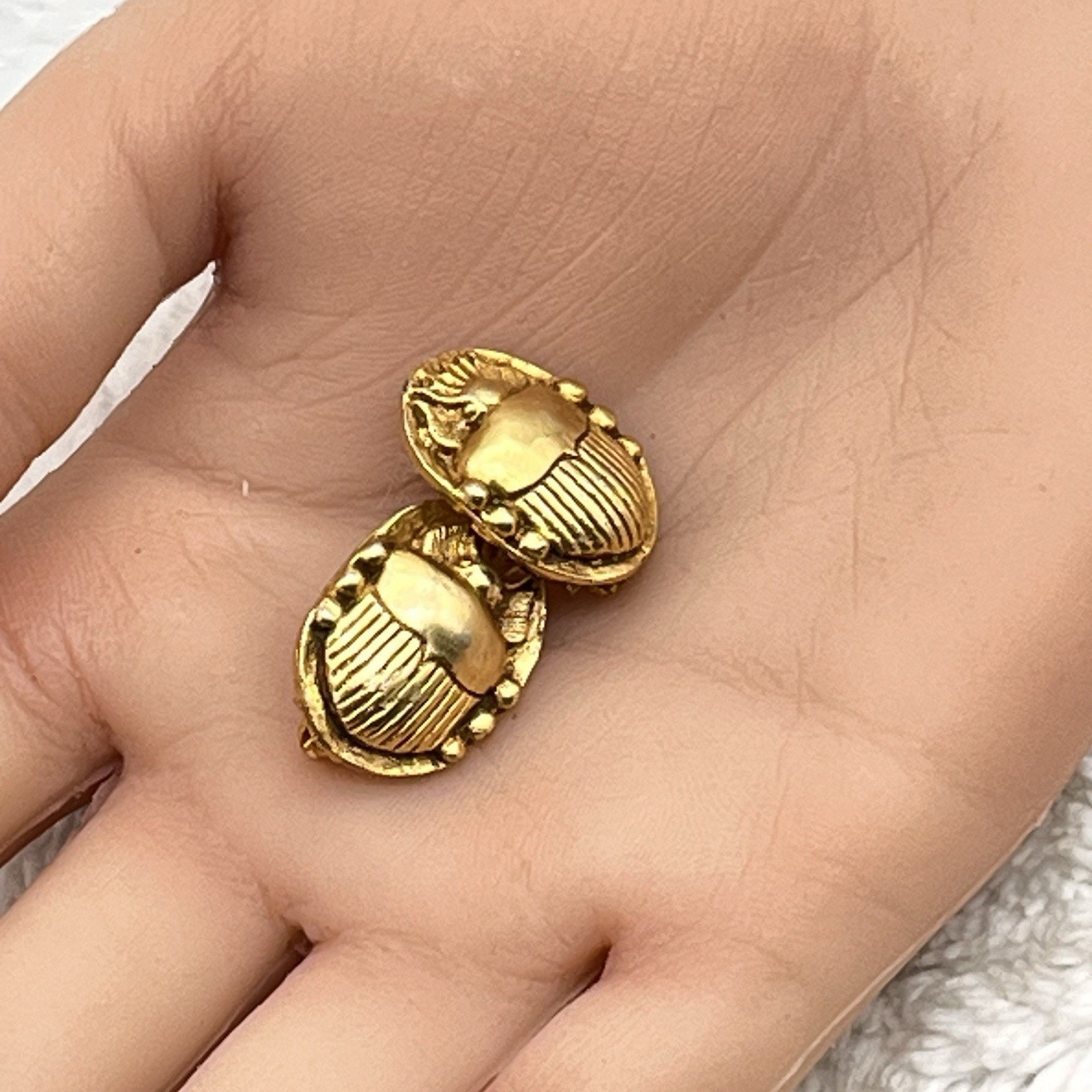 Vintage Scarab Beetle Brooch Lot of 2 Brushed Gold Tone Signed Alva Replica