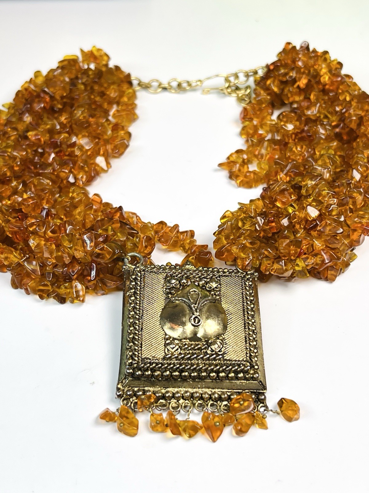 Vintage Amber Tone Glass Chip Multi Strand Necklace Artisan Pendant Heavy 9oz