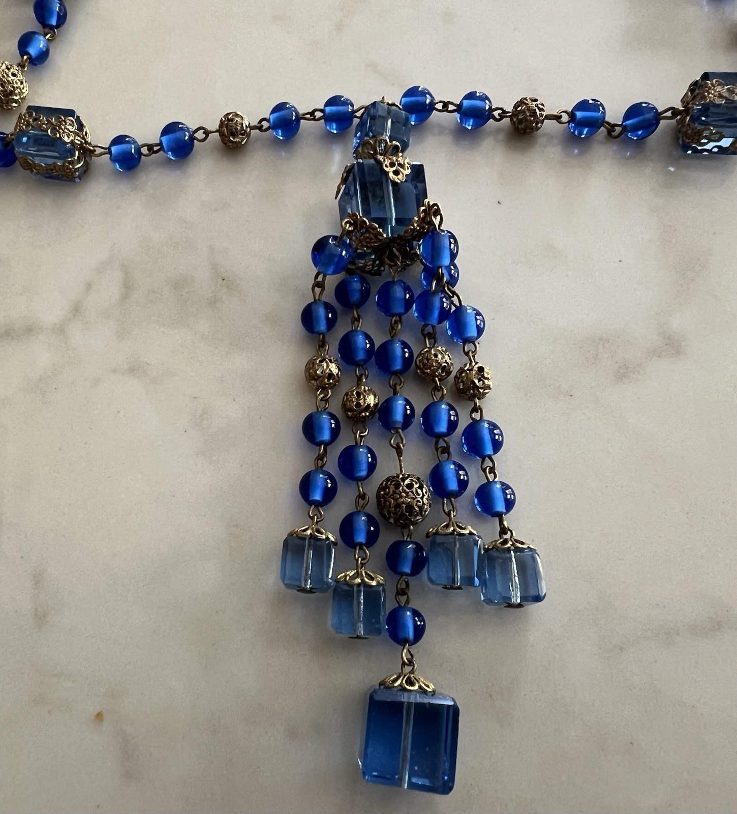 BRIGHT BLUE CRYSTAL/BRASS FILIGREE NEIGER BROS CZECH LONG VTG DECO 20s NECKLACE