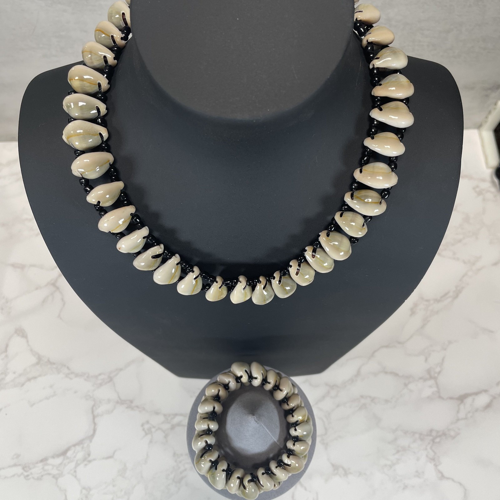 African Handmade Bold Cowrie Shells & Black Accent Beads Necklace & Bracelet