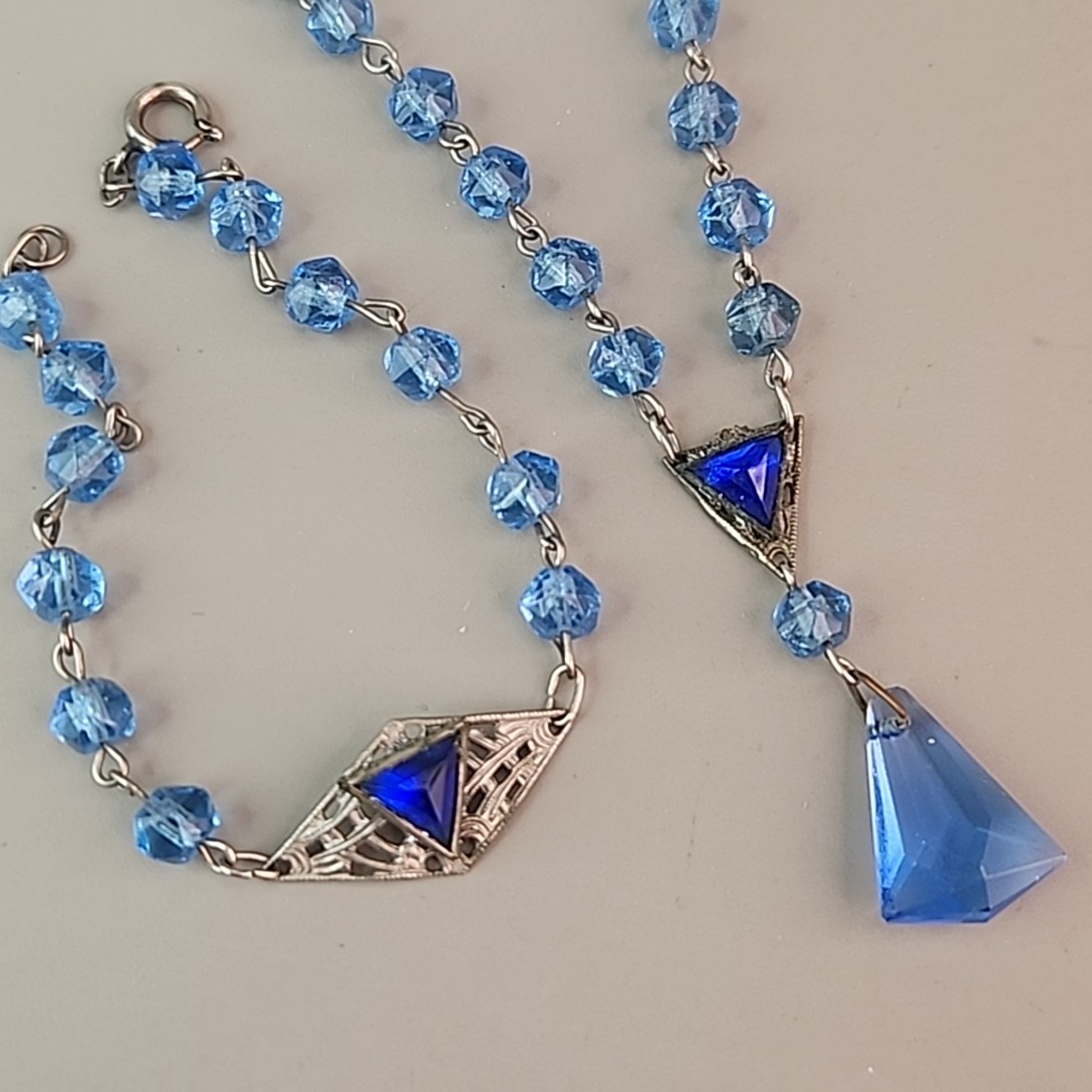 Vintage Art Deco Necklace Bracelet Set Blue Glass 16″