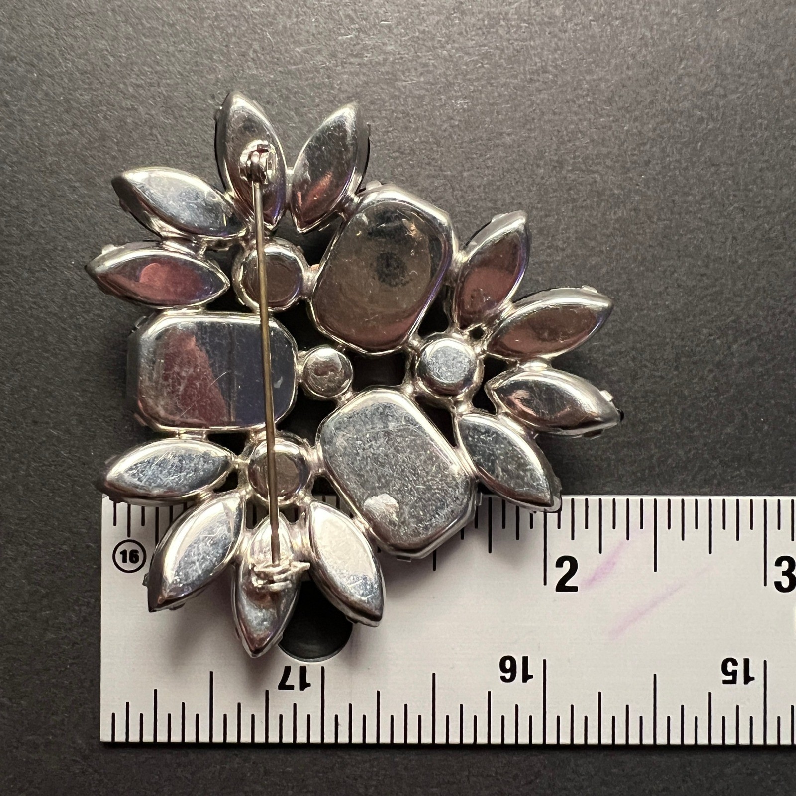Vintage Rhinestone Brooch Black Crystal Domed Floral Spray