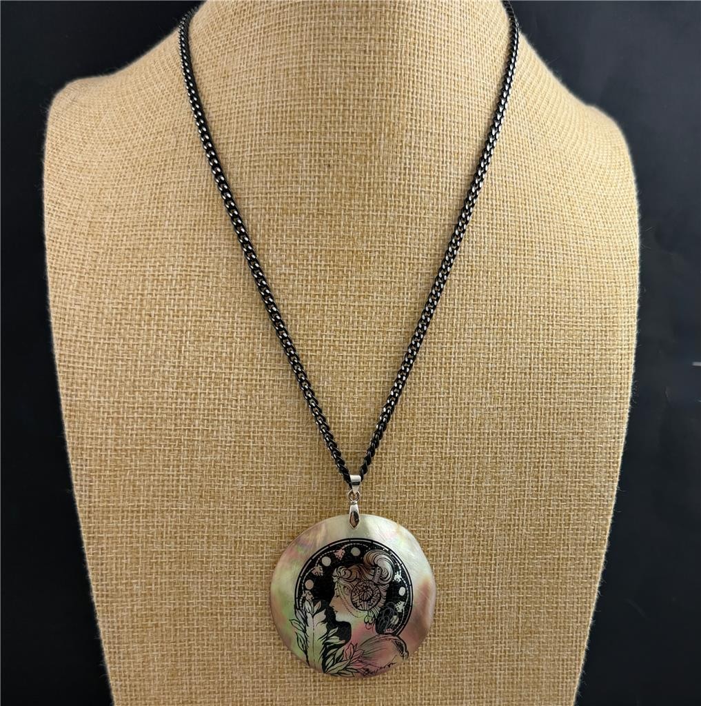 Vintage Shell Pendant with Art Nouveau Lady Portrait Black Chain Necklace 18″ L.