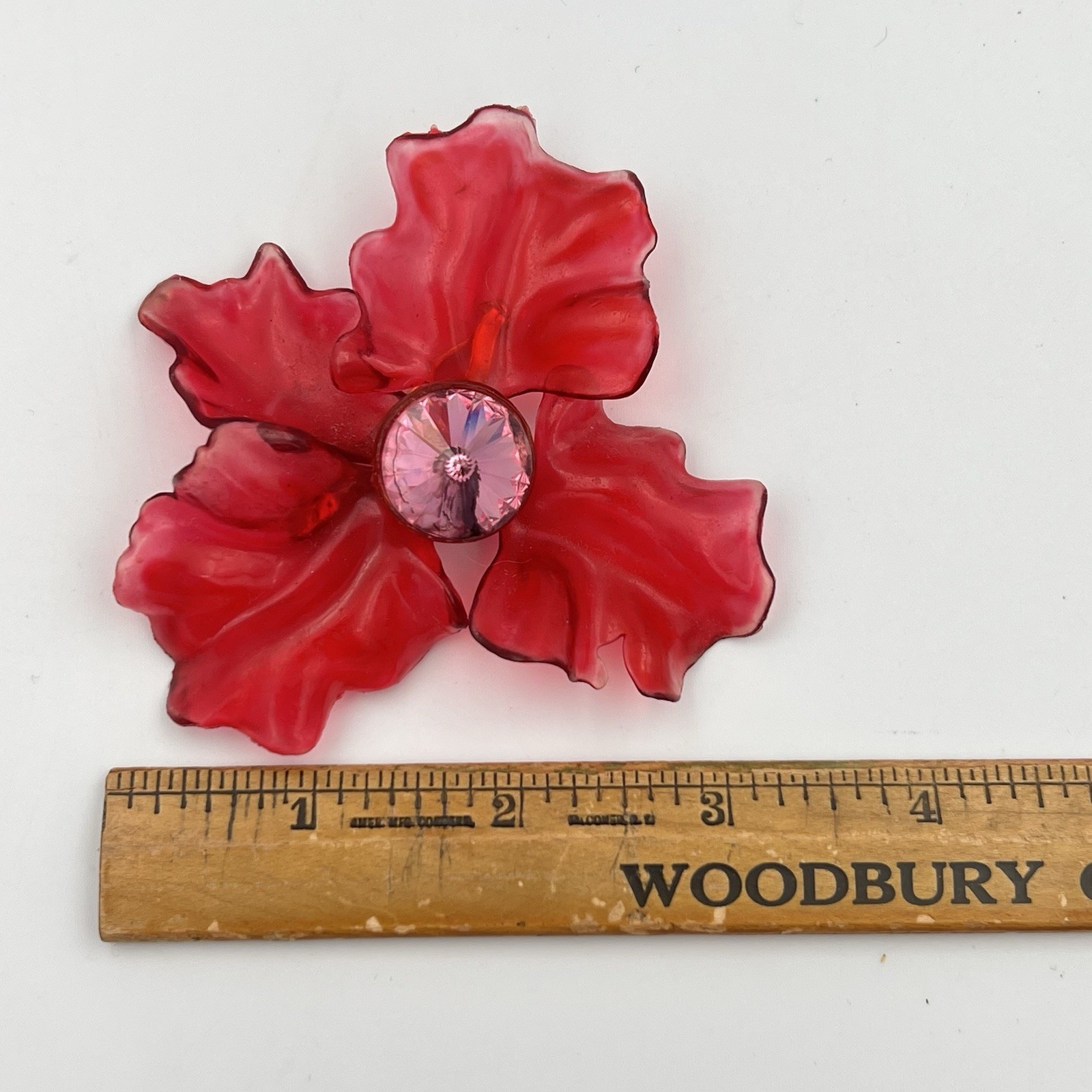 Vintage Cellulose Acetate Flower Brooch Large MCM Red Pink Rhinestone Pin