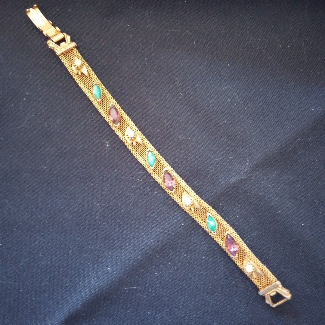 Vtg Signed FLORENZA Gold Tone Mesh Bracelet, Green & Purple Stones & Faux Pearls