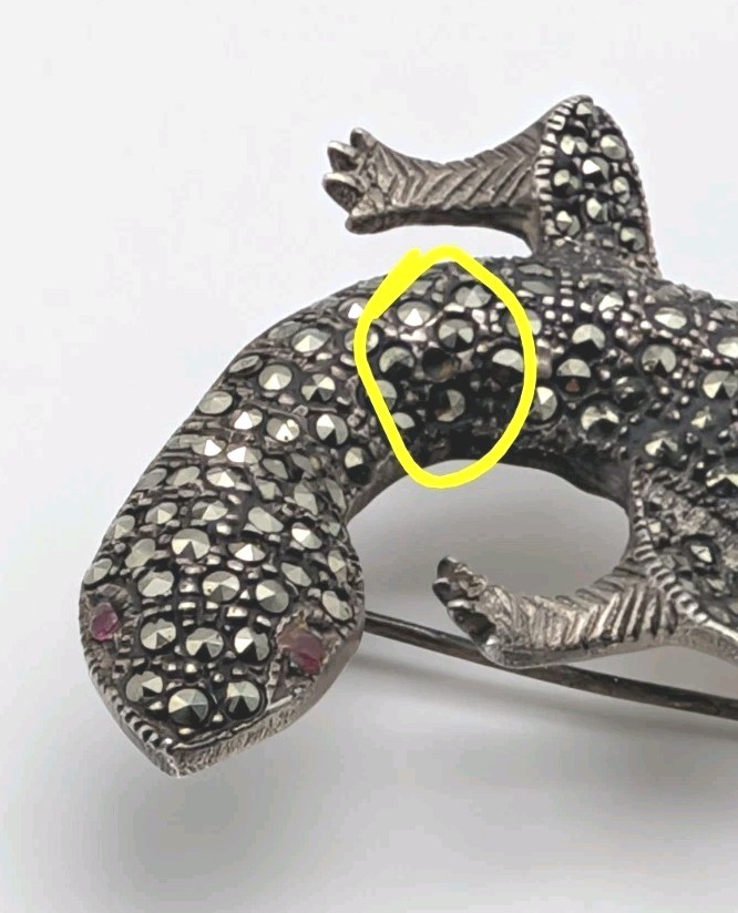 5½” Long Vintage Sterling Silver Marcasite Lizard Gecko Red Eyes Pin Brooch 30g