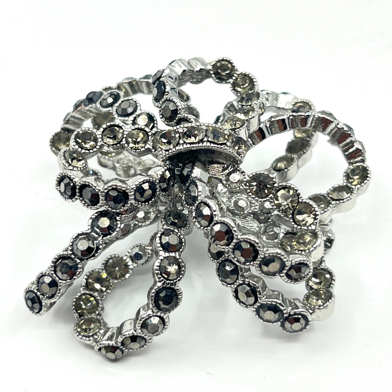 Brooch Vintage Silver Tone Layered Bow Smoky Rhinestone Statement Pin Accessory