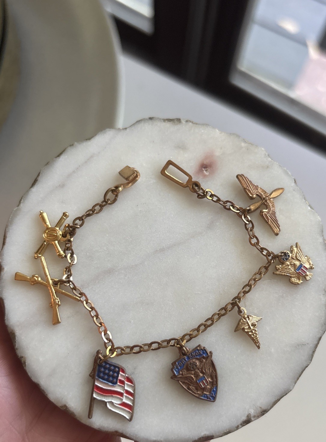 Vintage gold-tone charm bracelet military sweetheart jewelry 7” Charms Flag