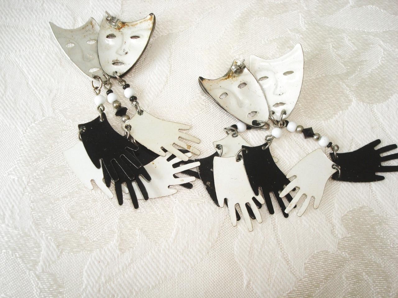 Black White Comedy Tragedy Theatrical Mask Gloves Pierced Dangle Earrings KJ