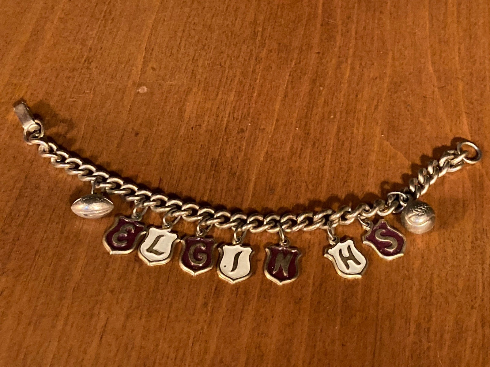 Vintage Elgin High School Charm Bracelet Maroon/White Enamel Football Basketball