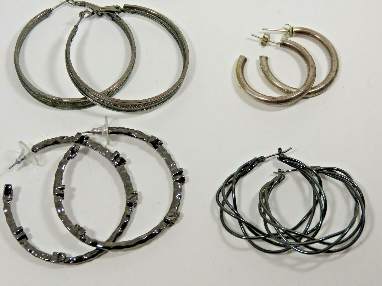 Hoops Dangle Earrings Lot Oxidized Blackened Mixed Vintage Mod Silver Tone B7904