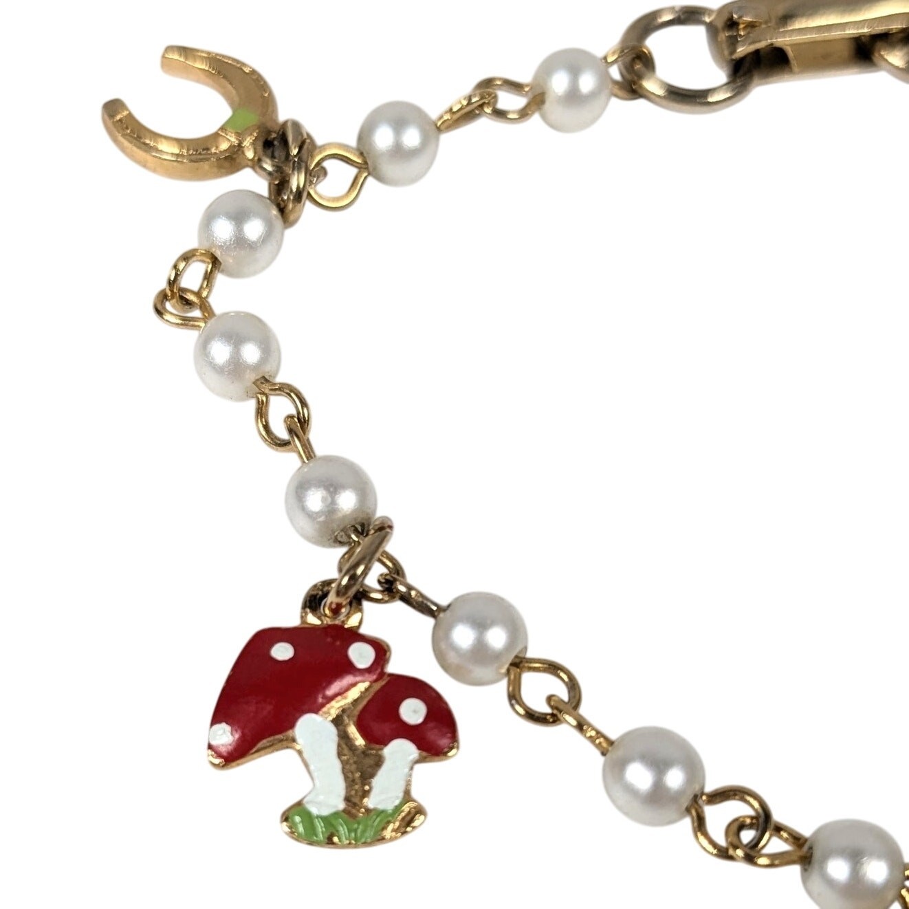 Vintage Mushroom Horseshoe Four Leaf Clover Enamel Lucky Charm Bracelet 6.5in